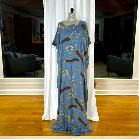 Gucci print fabric, handmade dress ,very large. 48” L x 26” w scoop neck 5” arms - Picture 1 of 5